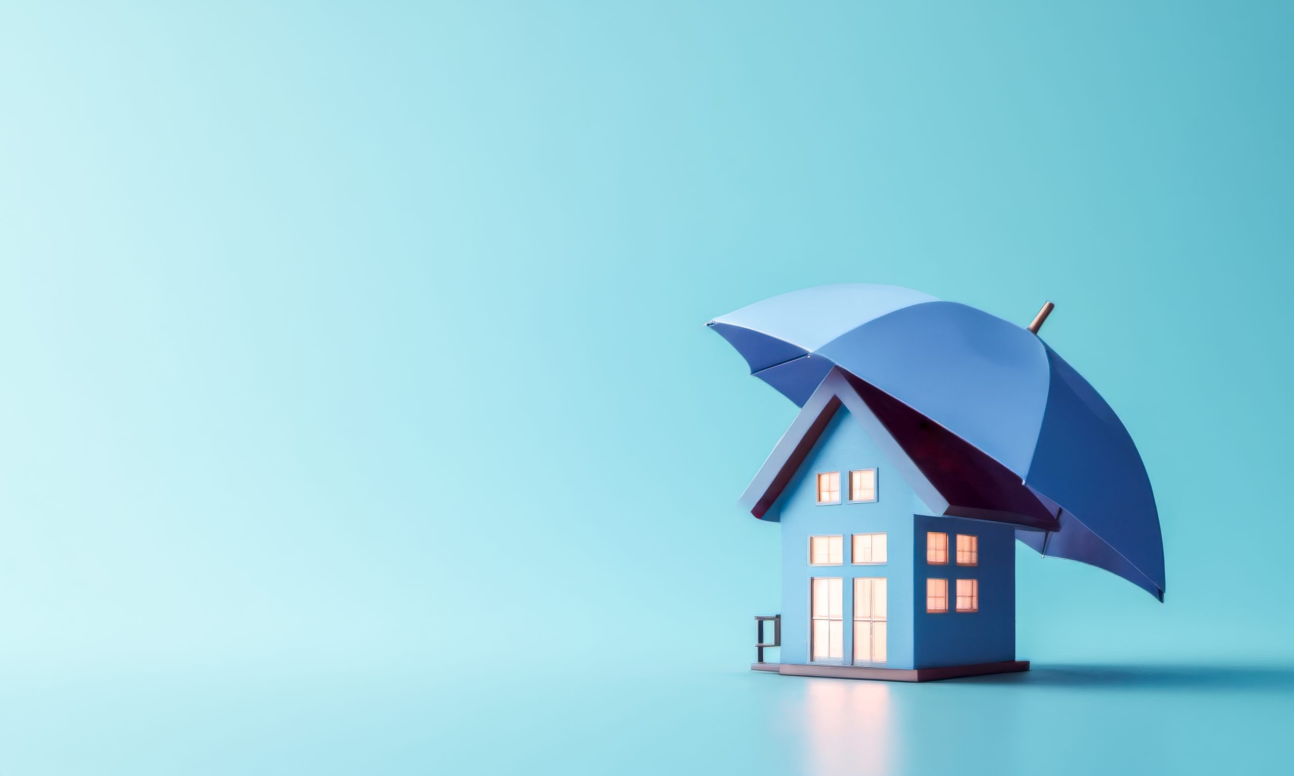 Protective Blue Umbrella Over House Model Signifying Real Estate Insurance, Mortgage Safeguard Conceptual Image for Advertising Templates, Property Coverage and Financial Security in Homeownership